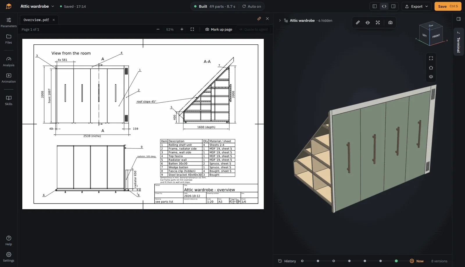 Technical drawing next to the 3D model