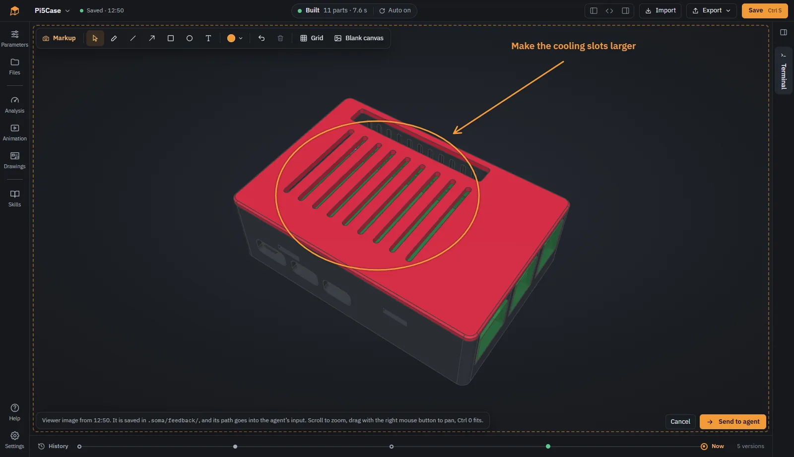 Arrow and note drawn on the 3D view